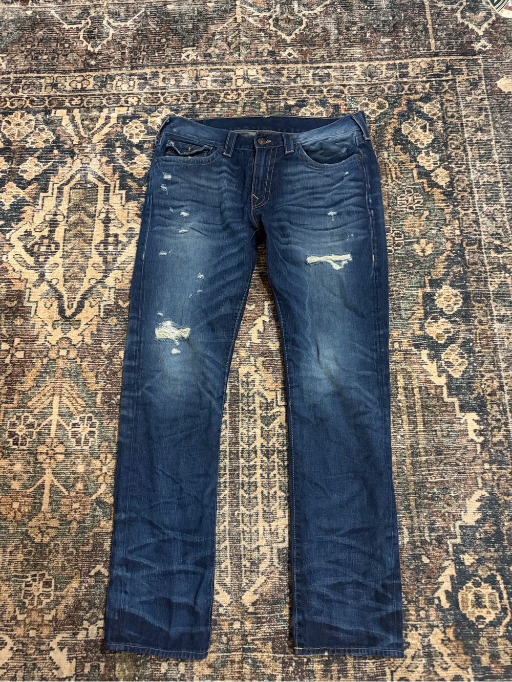 True Religion Men's Distressed Dark Blue Straight Jeans GENO 36x32